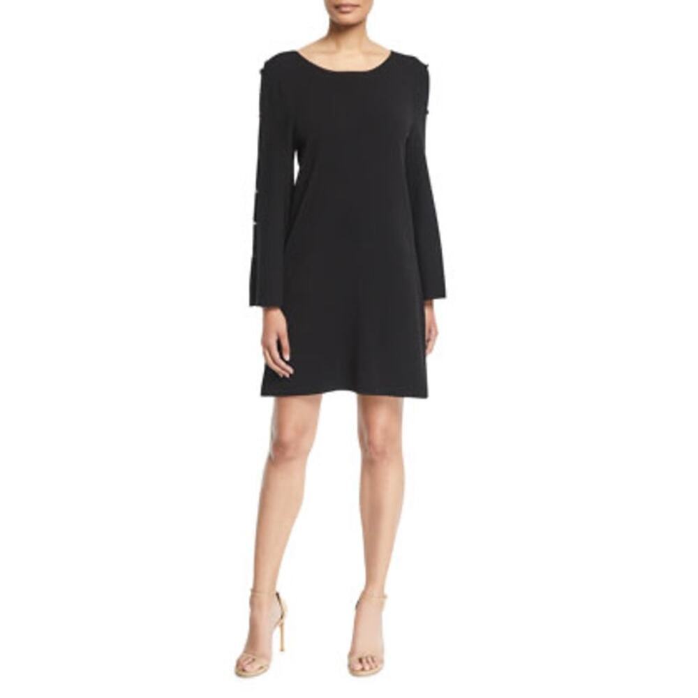 MILLY Black Knit Shift Scoop Neckline Button Down Sleeves Mini Dress Size 14/16
